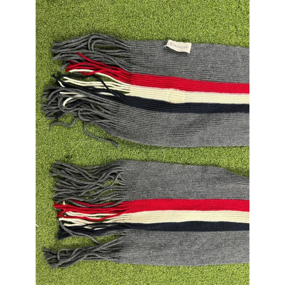 Moncler Wool Scarf Gray Red‎ Navy Stripe Logo Fringe Unisex - Picture 12 of 16